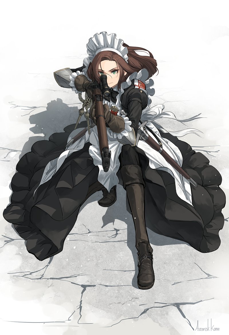 1girl weapon brown hair maid solo gun maid headdress  illustration images