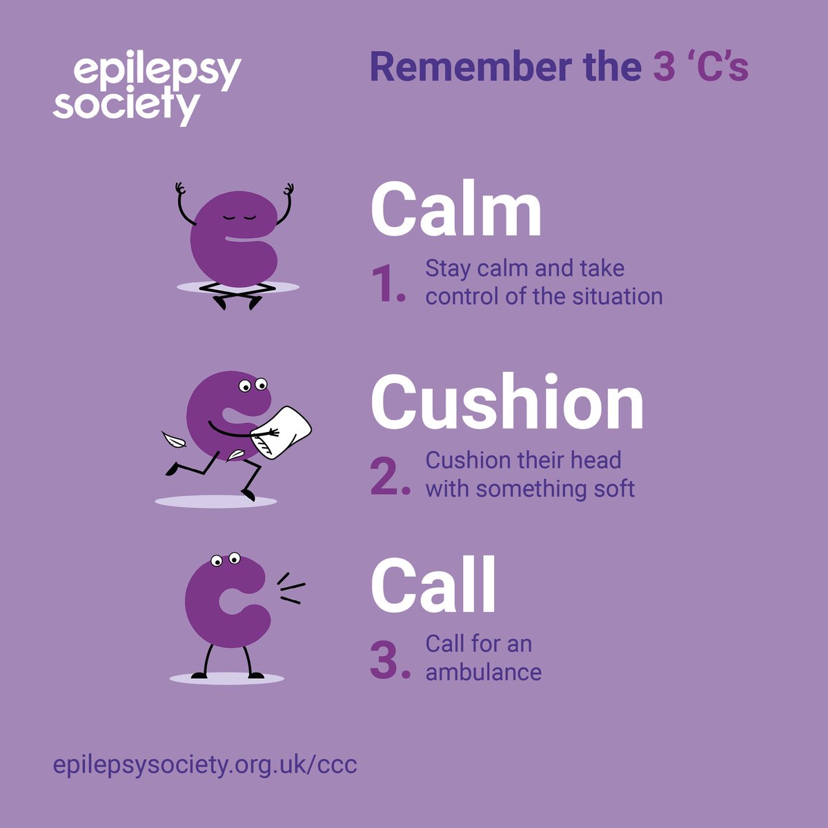 If you see someone having a seizure, remember the 3 'C's: Stay CALM CUSHION their head CALL for help Our aim is to make sure everyone is #seizuresavvy and knows how to support someone with #epilepsy 💜