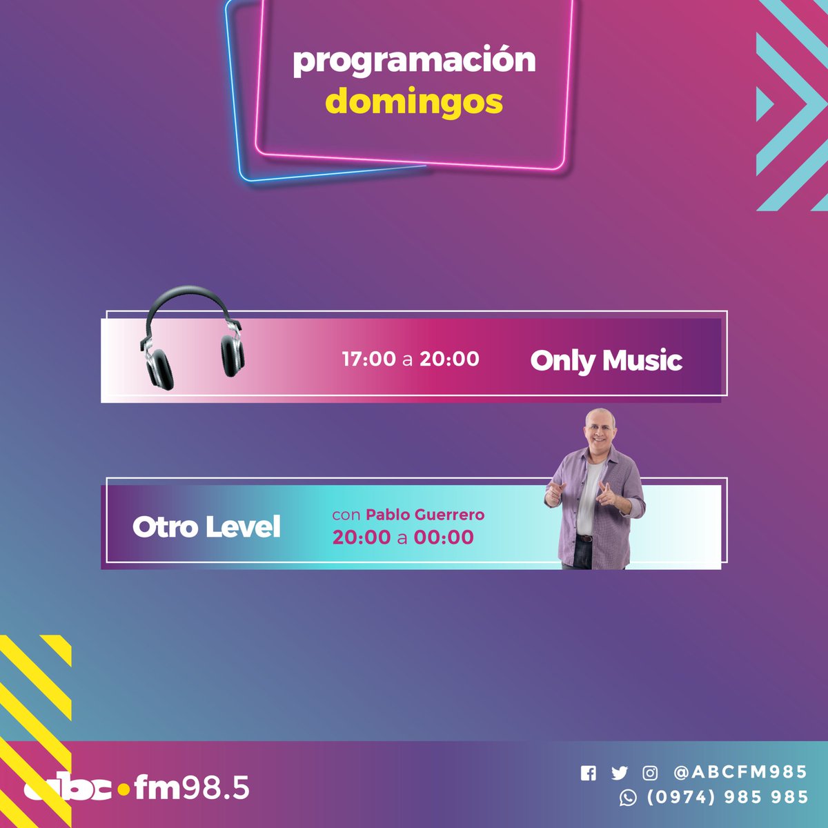 Romance985's tweet photo. 📻 Los domingos también tenés buena compañía desde temprano 🙌 

Sintonizá a la programación de la 98.5 Fm 💫 

#SoloÉxitos #ABCfm https://t.co/uTbaqQ3y1v