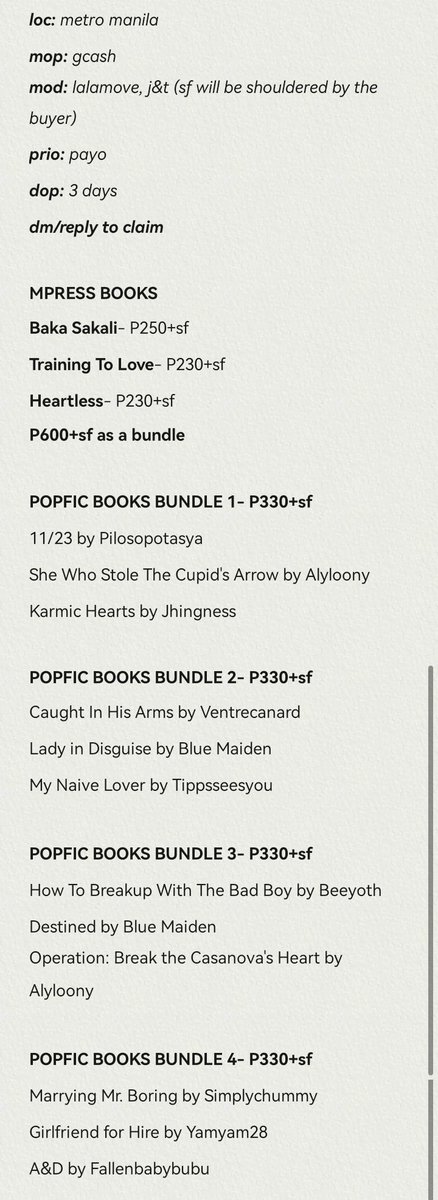ryladelfi's tweet photo. FOR SALE! PRE-LOVED WATTPAD BOOKS

hello! since i needed funds, i decided to sell my pre-loved wattpad books! see the tweets below for more details. you can help me by retweeting this tweet! 🤍

reply/dm to claim!  

🏷️ : wts lfb pre-loved wattpad mpress popfic books ph https://t.co/eo5OEGctxC