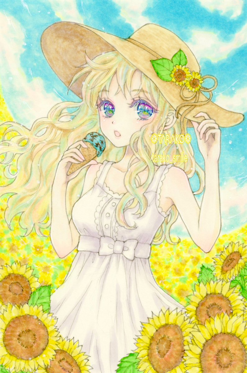1girl sunflower flower dress hat food solo  illustration images