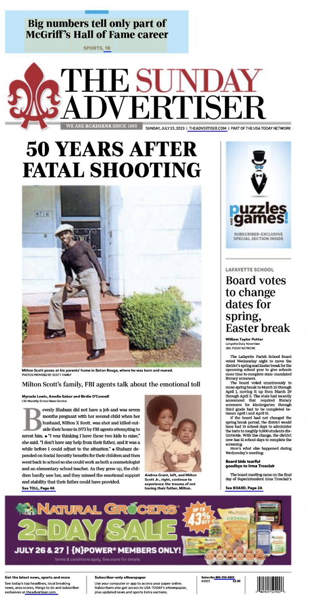 50 years after fatal shooting: Milton Scott’s family, FBI agents talk about the emotional toll: Part 2 of the <a href="/LSUColdCase/">LSU Cold Case Project</a> series by @myraclesnews, <a href="/gabornextdoor/">amelia ツ</a> &amp; @lillyoconnell1 on 10 Gannett sites &amp; on A1 in print in Shreveport &amp; Lafayette today. shreveporttimes.com/story/news/202…