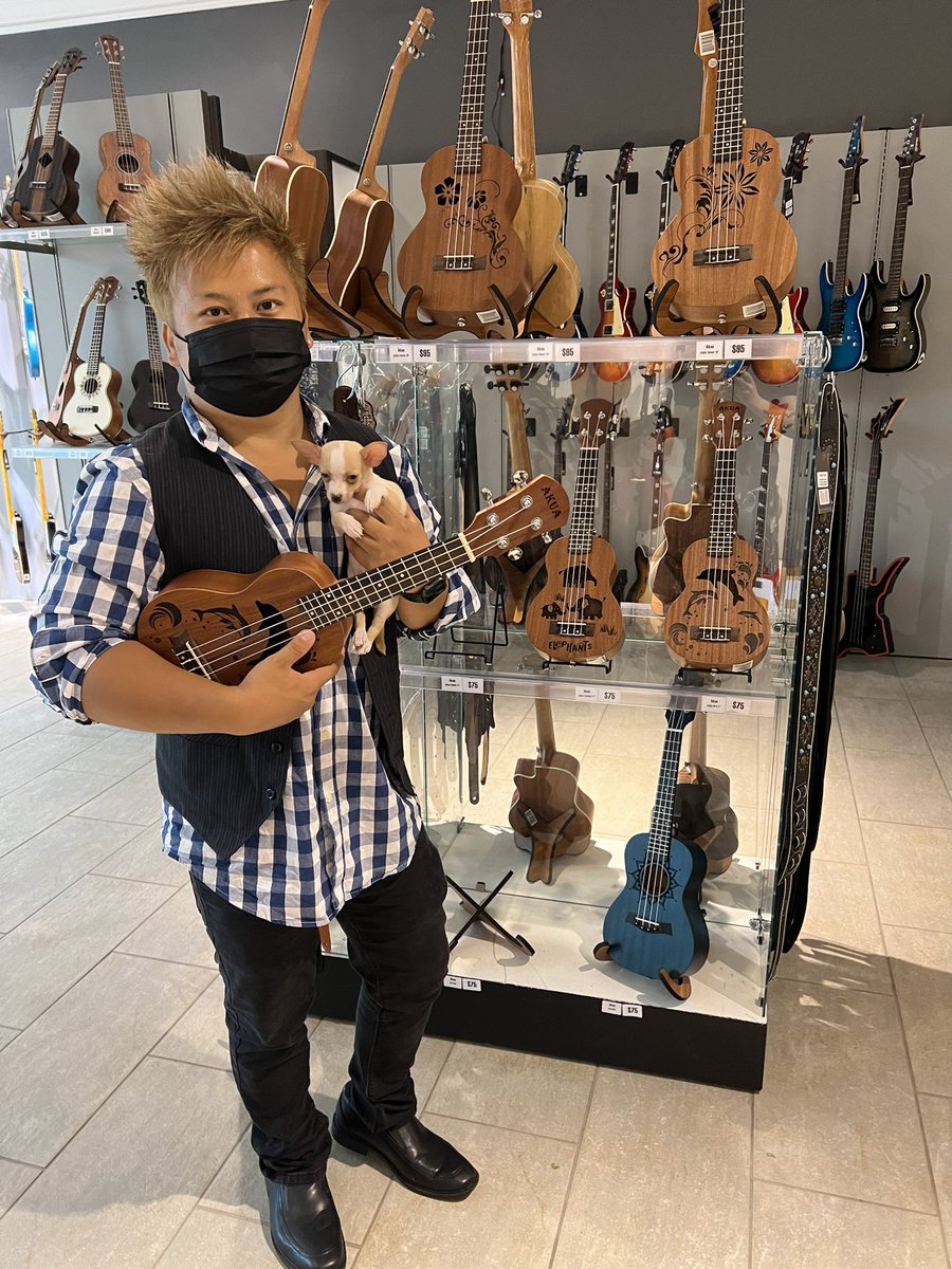 PrinceMusicCo's tweet photo. This happy customer and little doggo just brought home a new ukulele. https://t.co/oGsmghuIYu