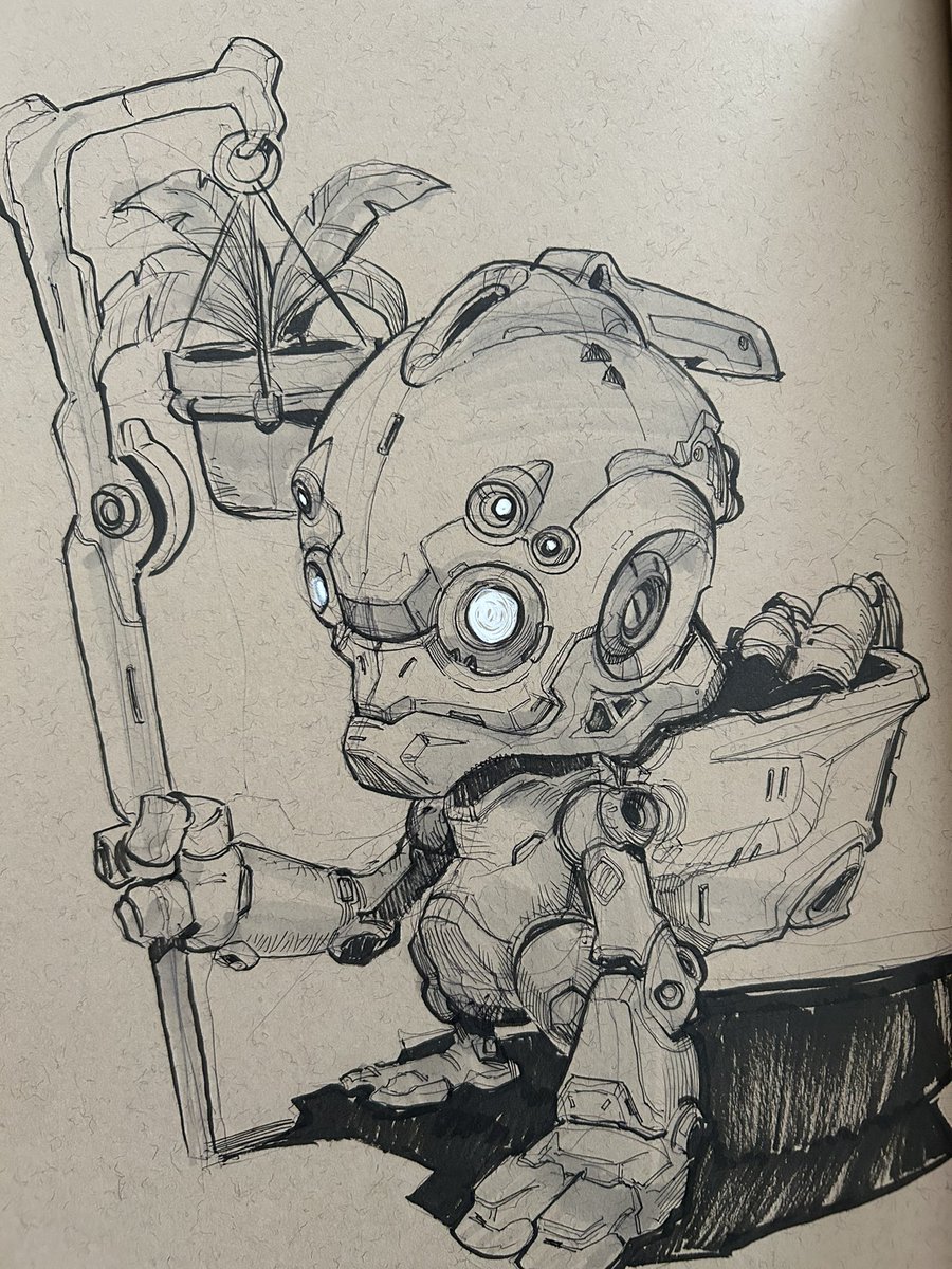Here’s a garden variety robot.  Let’s finish him during my live stream today at3:30 est on Instagram. #drawingoftheday #drawingaday #sketchdaily #artistoninstagram #conceptartist #idsketching #omgrobots #mechart #robotart #inking #inkingart