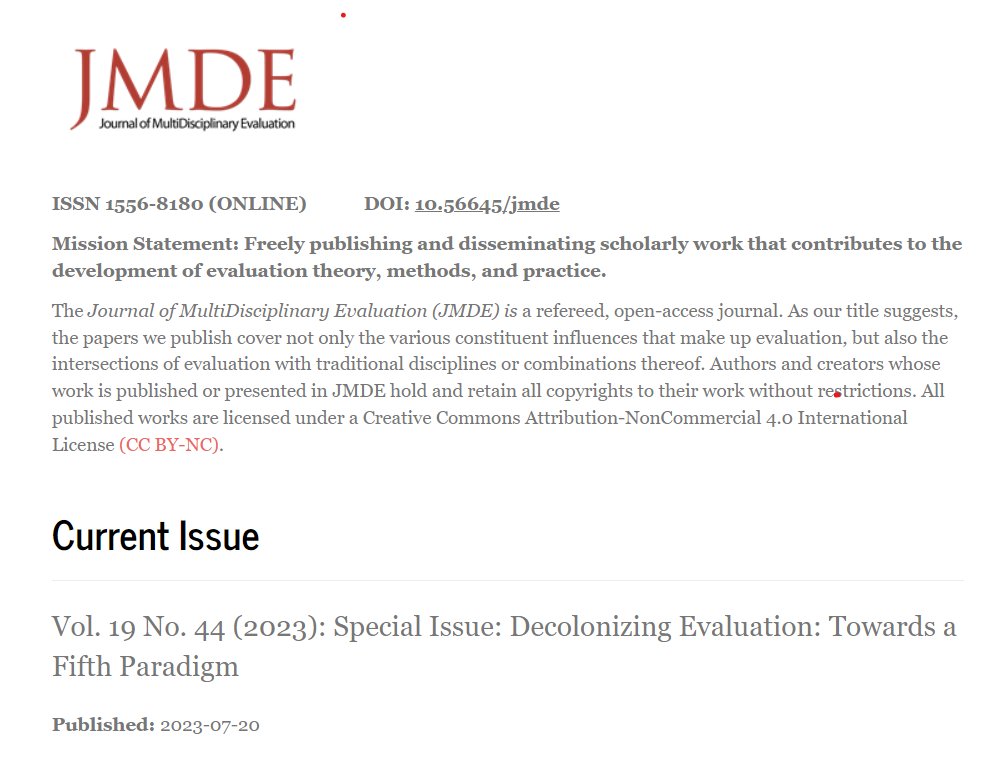 Exciting news! The JMDE Journal's special edition on #decolonising #evaluation is out now - The Academy's groundbreaking project. Kudos to Bagele Chilisa, Nicky Bowman, Michael Harnar, and all d authors. Access your free open access copy here: journals.sfu.ca/jmde/index.php… #Evaluation
