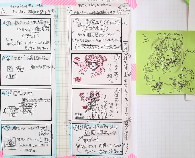 暑すぎてキャラデザが暴走したぜ…!😘  貼り付けた画像は、さいなお先生のお絵描き講座のメモ時に即席で作ったキャラ(雑)と、そこから妄想を膨らませた過程。2枚目はほぼサソリの勉強用のメモですやん?🦂🦂  ((((🦂))))  あっ!サソリ🦂が踊っているよ! かわいいね!  かわいいか?