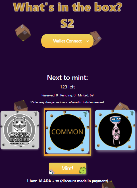 STOP MINTING!🚨

WE REACH 69 MINTED BOXES!📦📦📦📦

Now you can mint... witb2.cryptoraggies.io