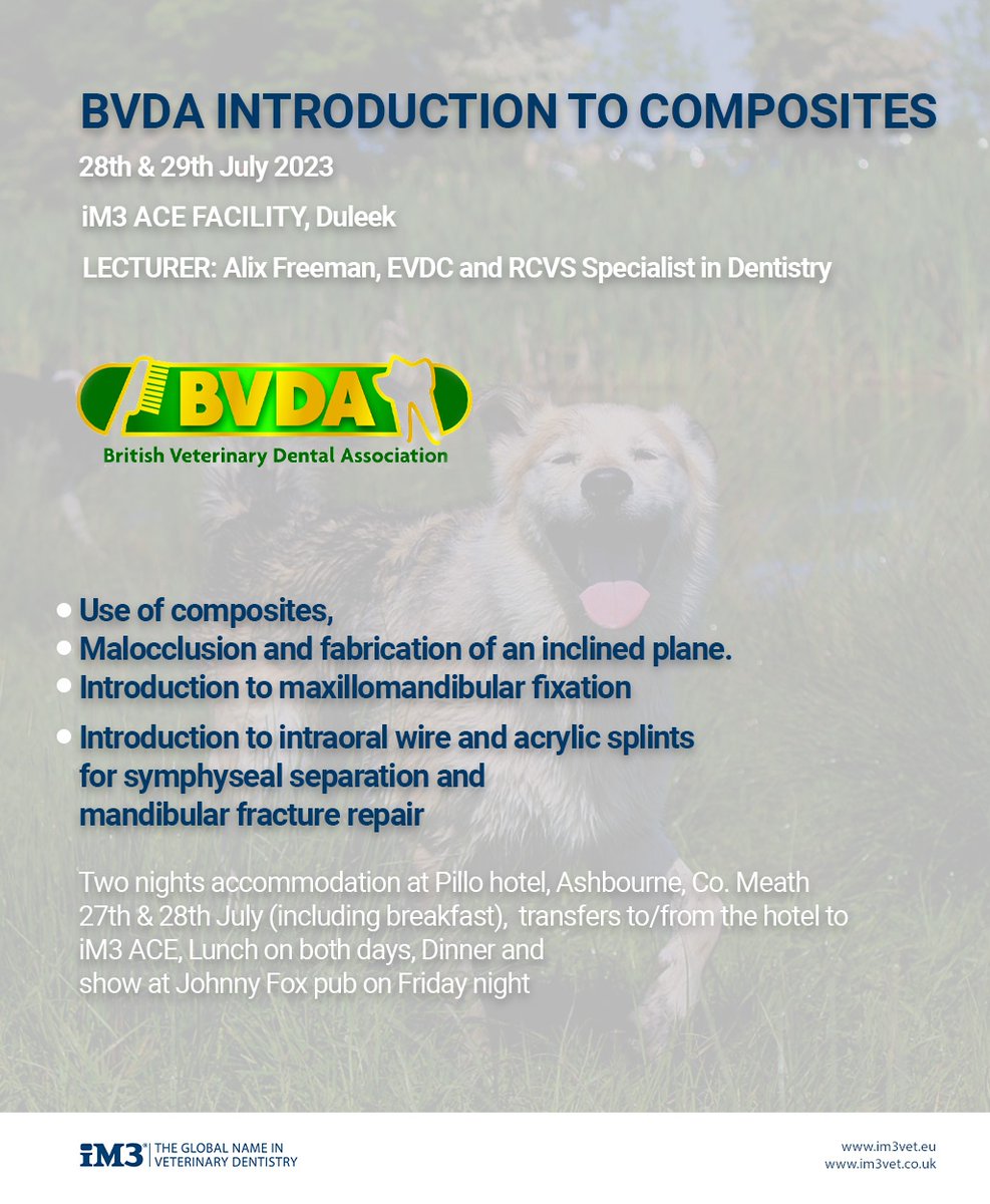 📚🦷 Exciting news! The BVDA Introduction to composites course at iM3 ACE Facility in Duleek starts tomorrow! 🎉 Led by Alix Freeman, EVDC and RCVS Specialist in Dentistry, we're thrilled to welcome all participants. #iM3ACE #ContinuingEducation #VeterinaryDentistry