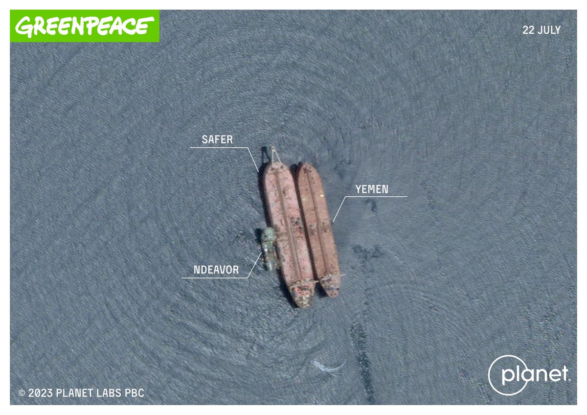 Greenpeace's tweet image. The hazardous operation to remove more than a million barrels of oil from the decaying #FSOSAFER supertanker off #Yemen’s coast has commenced after years of delay.

bit.ly/43Seczf
