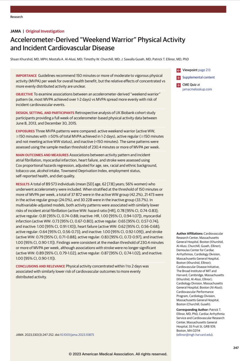 Kirsten Bibbins-Domingo (@kbibbinsdomingo) on Twitter photo 2️⃣ Accelerometer-Derived “Weekend Warrior” Physical Activity and Incident Cardiovascular Disease by Drs <a href="/shaan_khurshid/">Shaan Khurshid</a> <a href="/patrick_ellinor/">Patrick Ellinor</a> & colleagues
jamanetwork.com/journals/jama/… 2️⃣ Accelerometer-Derived “Weekend Warrior” Physical Activity and Incident Cardiovascular Disease by Drs <a href="/shaan_khurshid/">Shaan Khurshid</a> <a href="/patrick_ellinor/">Patrick Ellinor</a> & colleagues
jamanetwork.com/journals/jama/…
