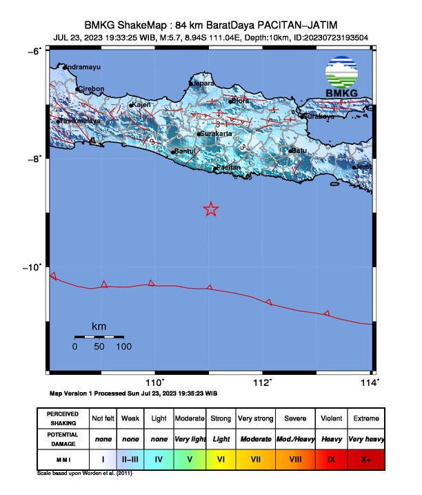 bmkgjogja's tweet photo. Update Info Gempa Mag:5.7, 23-Jul-23 19:33:25 WIB, Lok:8.94 LS,111.04 BT (84 km BaratDaya PACITAN-JATIM), Kedlmn:10 Km, dirasakan di Ponorogo IV MMI, Yogyakarta, Pacitan, Nganjuk III MMI, Sukoharjo, Purworejo, Blitar, Kediri, Klaten, Malang II MMI ::BMKG https://t.co/BHj1Y8H3Uc