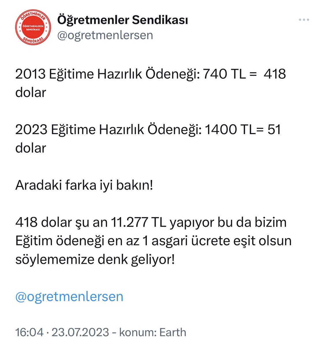 Eğitim Ödeneği en az 1 asgari ücret olmalıdır!
@ogretmenlersen