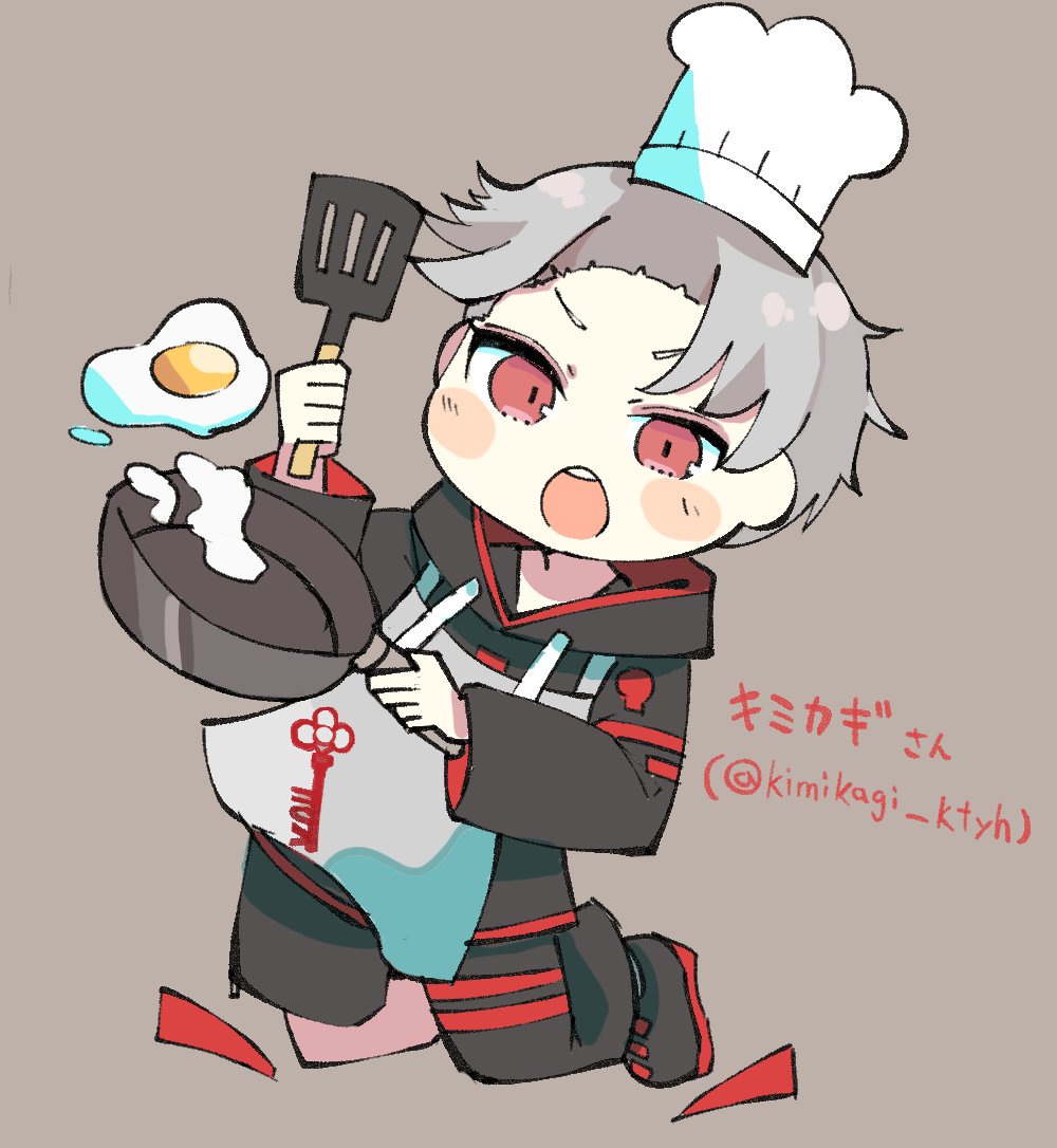 1boy male focus grey hair red eyes solo frying pan hat  illustration images