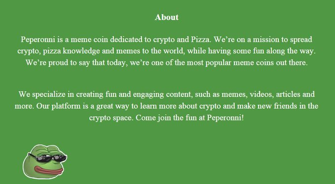 Pepe__ronni's tweet photo. About Peperonni:  

We are the most meme-worthy memecoin out there. While olives had their moment, it's now time for Peperonni to reign supreme.🍕 

🍕https://t.co/Dcpz19Sejg 
🍕https://t.co/aJ6nr1A38p

#Pepe #peperonni #P2E https://t.co/UASU8JEtFc