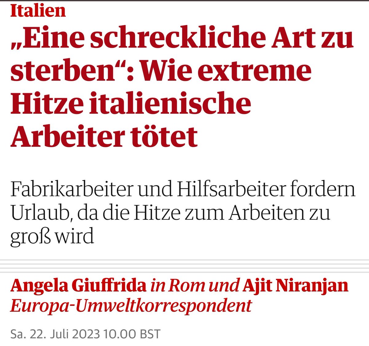 lgbeutin's tweet image. "Eine schreckliche Art zu sterben." Extreme Hitze in Italien trifft insbesondere Menschen, die körperlich hart arbeiten, bei Temperaturen weit über 40 Grad. Die #Klimakatastrophe ist eine Klassenfrage. Wer das bestreitet, hat nicht alle Latten am Zaun 🤷🏼‍♂️

#Hitzewelle #Rackete