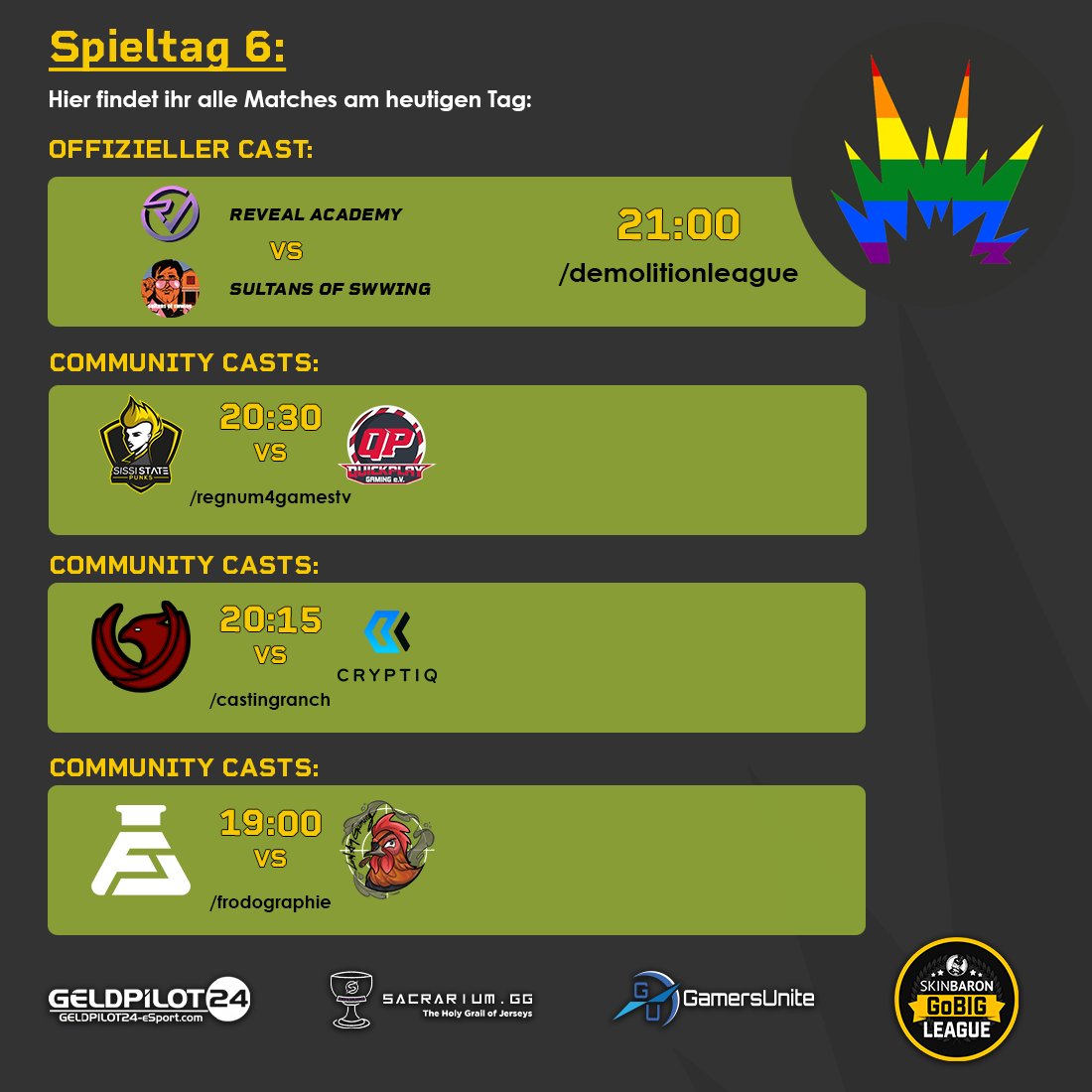 Es ist wieder Super Sonntag, 16 Matches sorgen für gute Unterhaltung.
Alle Spiele alle Kills findet ihr hier:
3/3

🏆 Spielklasse 1 C
🆚 <a href="/RVMultigaming/">Reveal Multigaming</a> Academy VS Sultans of Swwing
⏰ 21:00
🎙️ <a href="/IRUTAS_/">IRUTAS</a> &amp; <a href="/xFaJa1337/">Fadil A.</a>
📺 twitch.tv/demolitionleag…

🏆 Spielklasse 2 B
🆚 <a href="/SSPisPUNKROCK/">SISSI STΛTΞ PUNKS COMMUNITY</a>