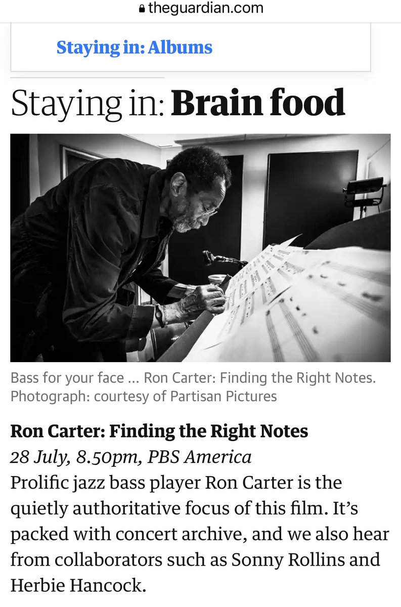 RonCarterBass's tweet photo. “Going out to staying in” … @Barbie and I spend time together … The Guardians list of best entertainment for the week. 

#FindingTheRightNotes #PlanetElegance 

@guardian @roncartermovie https://t.co/L31H397MJy