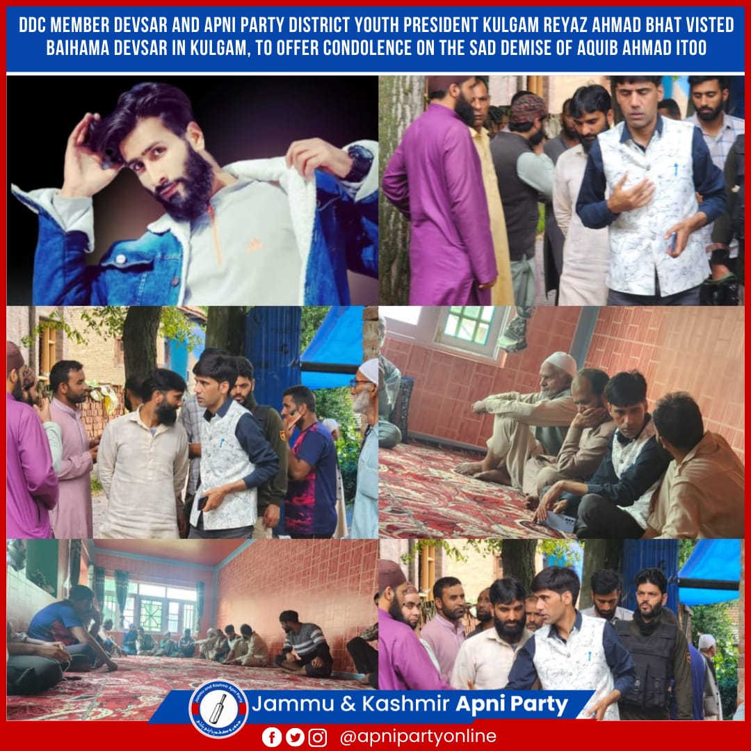 PartyKashmir's tweet photo. @Apnipartyonline DDC Member Devsar &amp; Apni Party Youth President Kulgam, Reyaz Ahmad Bhat, offer heartfelt condolences to Aquib Ahmad Itoo's family on his untimely demise. Praying for peace &amp; strength for the bereaved. May he rest in eternal peace. https://t.co/A0M8eiiXZx