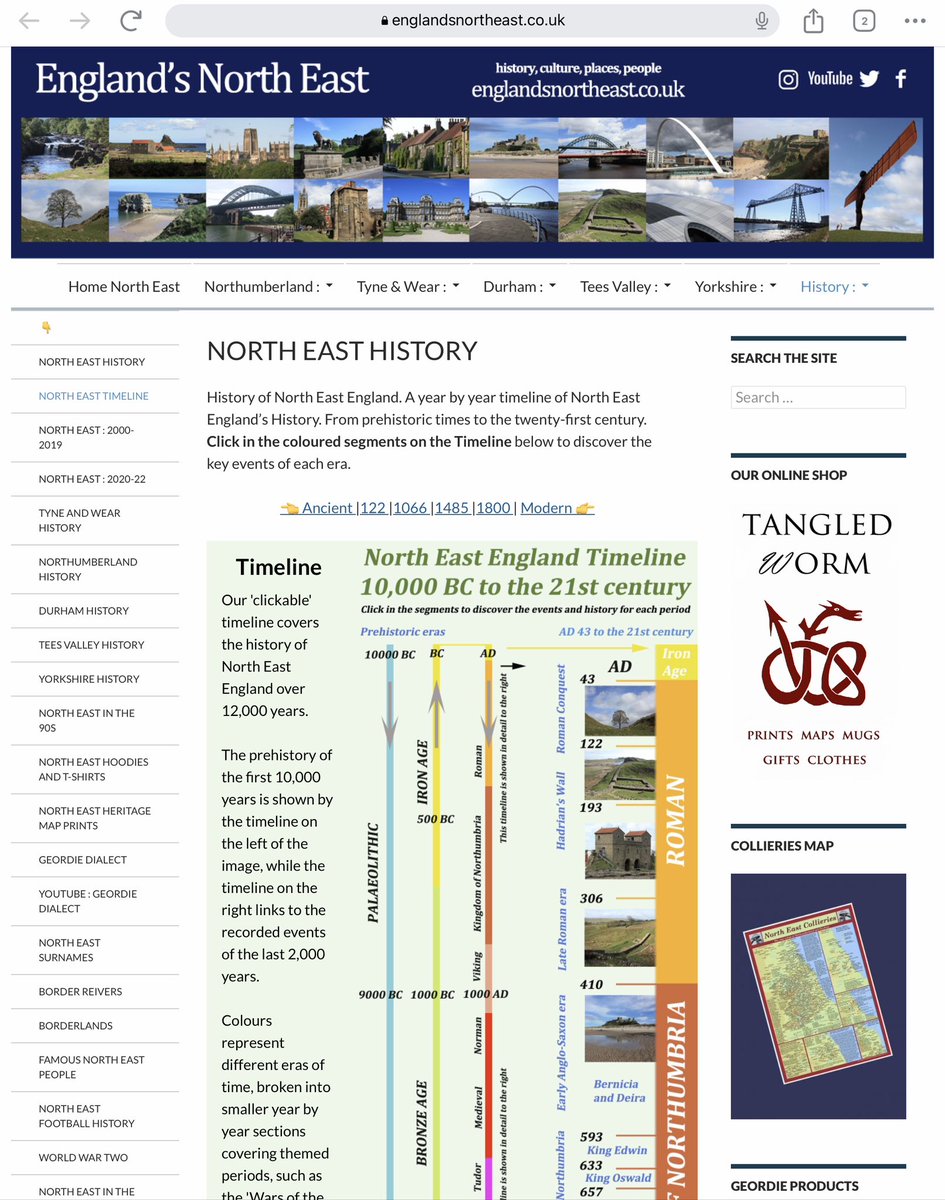 North East timeline of events in the history of the region from prehistoric times to 2023 👉 englandsnortheast.co.uk/north-east-tim… #Newcastle #Northumberland #Durham #history #Northumbria #England click in the segments of the timeline to go to any chosen era.