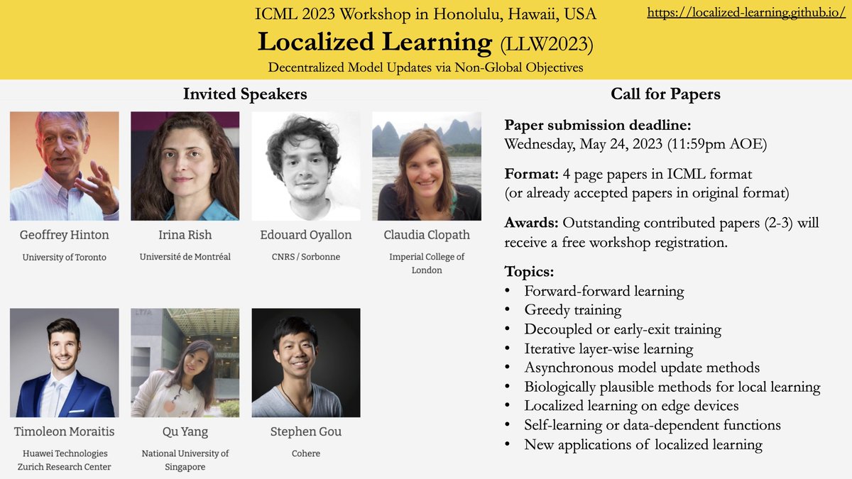 Local learning algorithms are driving the next generation of Deep Learning and AI hardware accelerators, while also feeding back into neuroscience.
This Saturday I am speaking at the Localized Learning Workshop at #ICML2023, Hawaii, along with these humbling superstars of ML and
