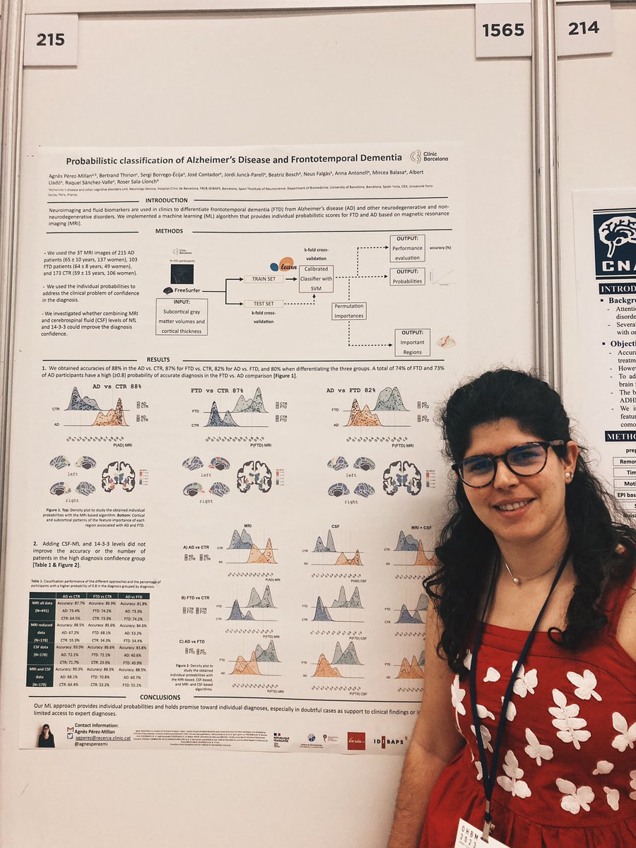 📢Come today or tomorrow (P-215) to say hi 👋 In the poster, we present machine learning for AD and FTD, which provides individual probabilities of having the disease with MRI and CSF. Huge thanks to @OHBM for the merit poster award 😊 #OHBM2023