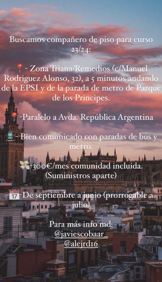 Se busca compañer@ de piso en Sevilla de cara a este curso 23-24.

<a href="/javiescobar_9/">Javito🇪🇸</a> 

#pisosevilla #pisoestudiantes #Queydondeestudiar2023