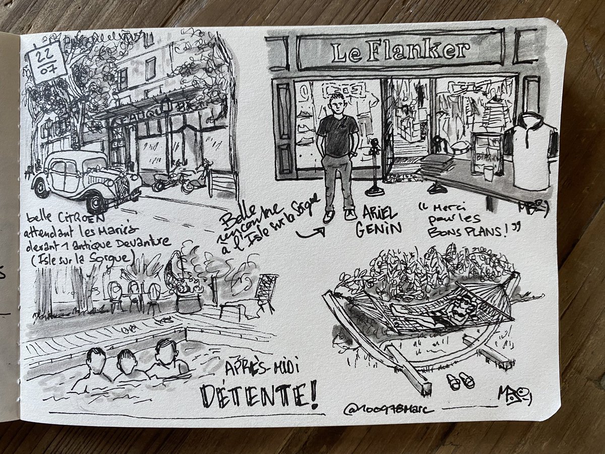Journée du 22 : après-midi à l’Isle sur la Sorgue. Une belle rencontre, une belle voiture et détente autour de la piscine @le_flanker_ #islesurlasorgue @islesurlasorguetourisme #sketchnote #carnetdevoyage #travelnotebook #luberon #urbansketching #todaysdoodle