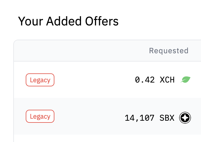 We will soon remove a bunch of active legacy offers that were created with outdated wallet versions (prior to 1.7.0). These offers won't be compatible with the upcoming Chia Wallet 2.0.0. Check your active offers for legacy labels. It's recommended to cancel and recreate those.