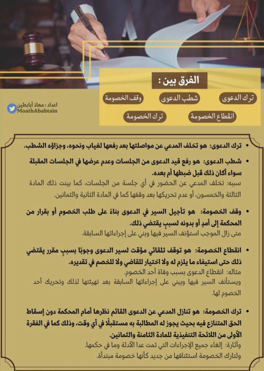 الفرق بين ترك الدعوى وشطب الدعوى ووقف الخصومة وانقطاع الخصومة وترك الخصومة.

#دعوى 
#الخصومه