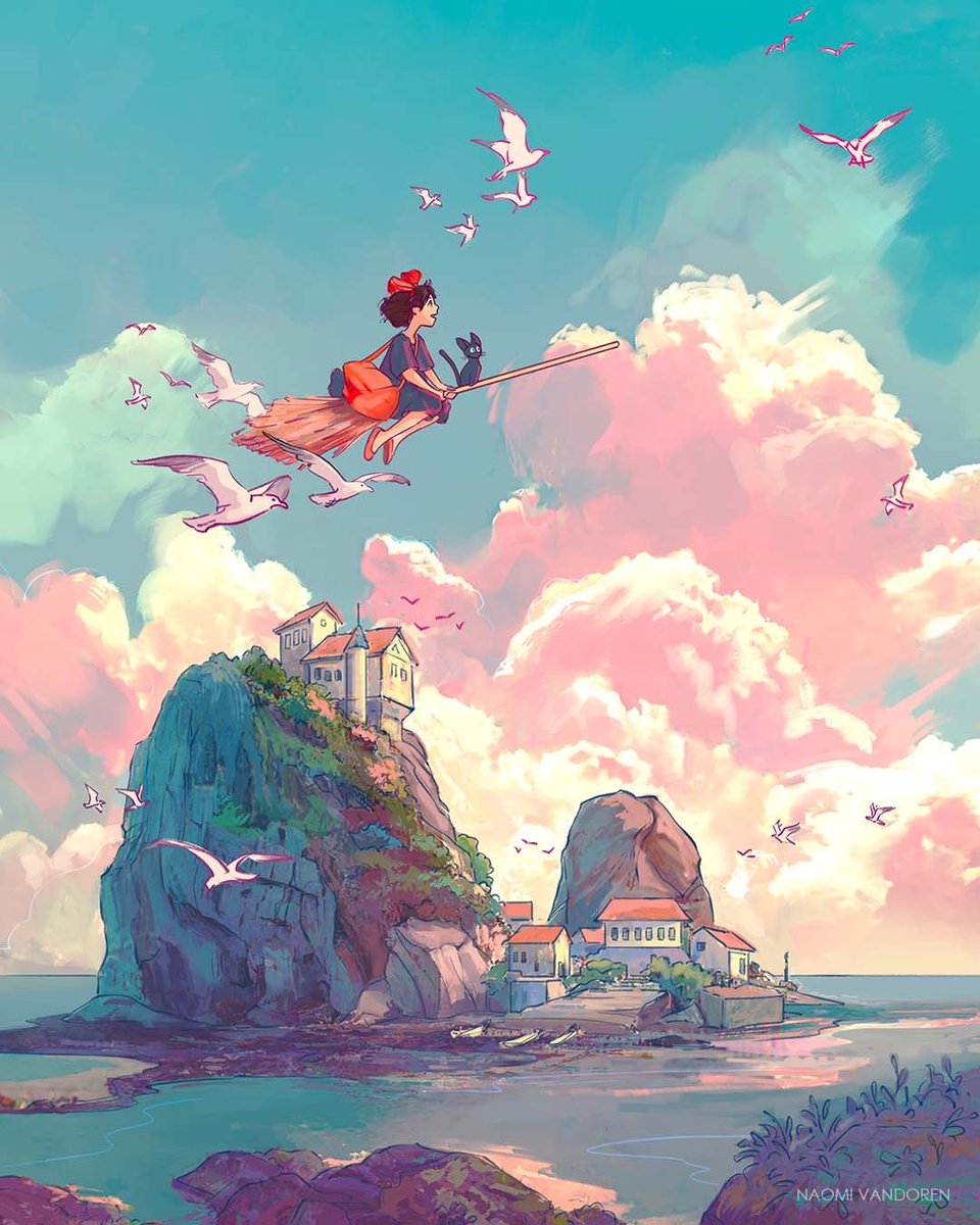 Easily this Kiki one I’m most recognized for at shows.

It also has some of my favorite things to paint, characters off on adventures in epic landscapes, and clouds!