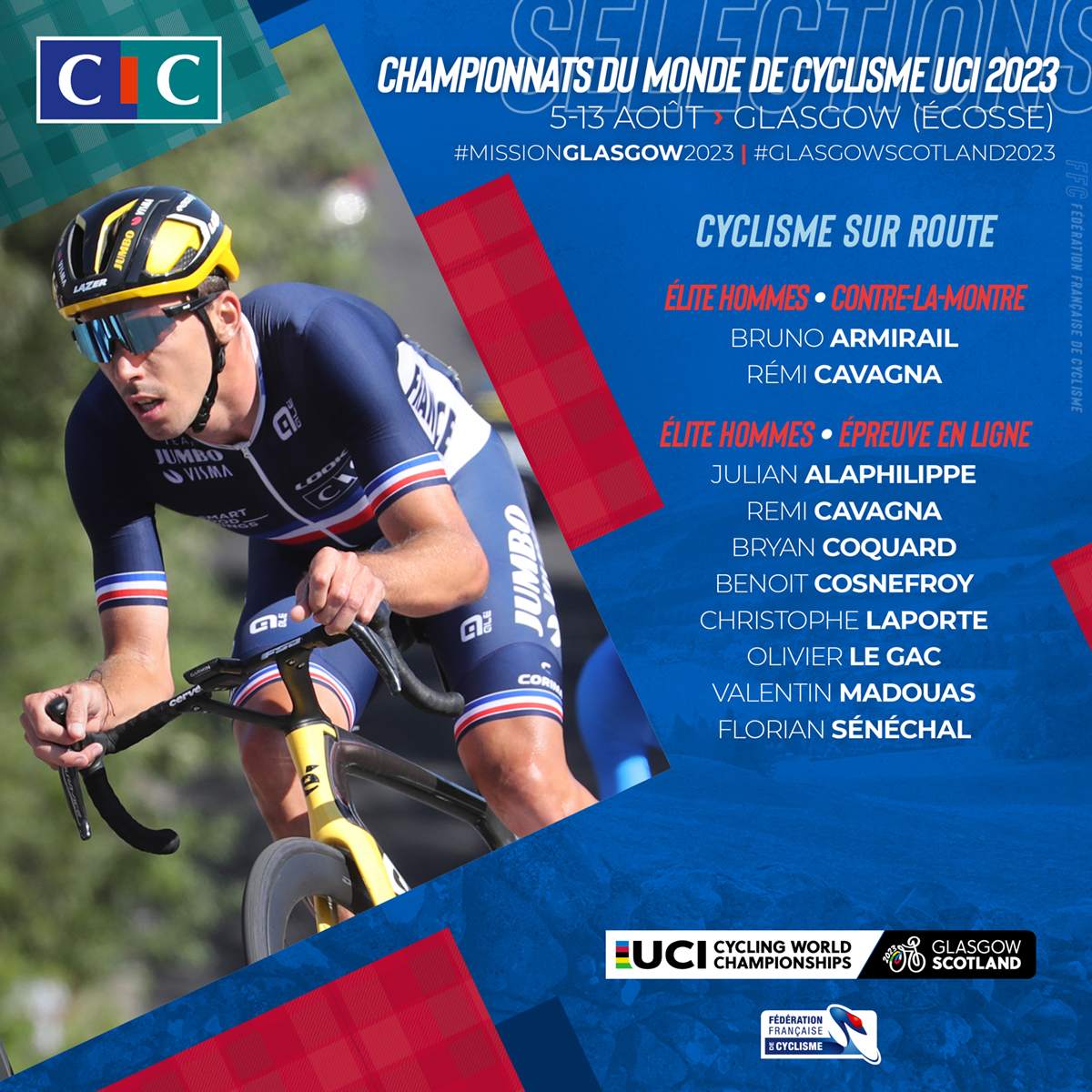 FFCyclisme's tweet photo. 🔔 👀 Découvrez la sélection de l'équipe de France ROUTE/PISTE dans le cadre des championnats du monde de Glasgow 🇫🇷

@cic

#cdm #glasgow #route #international #world #monde #velo #piste #endurance #sprint https://t.co/vKheeMxCRT