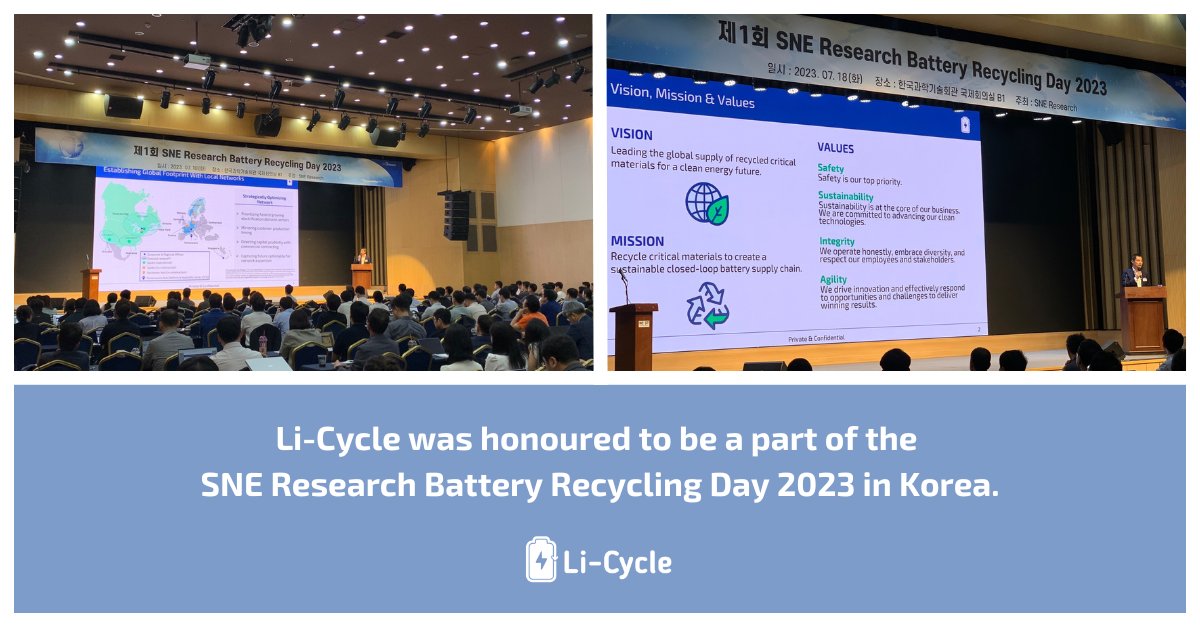 li_cycle's tweet photo. Dawei Li, $LICY Regional President for the APAC region, recently presented at the well-attended #SNEResearch Battery Recycling Day in #Korea. Dawei highlighted #LICY's global growth as a preferred recycling partner and the localization of the global Li-ion #battery supply chain. https://t.co/ifodd2PU81