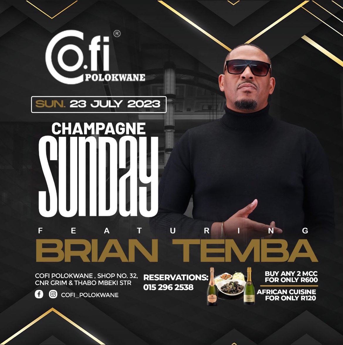 CHAMPAGNE SUNDAY🍾🥂

 Enjoy our sunday African Cusine buffet for only 120 &amp; buy any 2 MCC special for R600🍾
-
Join us later tonight best for a live performance by Brian Temba🚀🔥

#cofi #polokwane #eatchillate #goodvibes #thisisliving #cofilifestyle  #champagnesunday #champagne