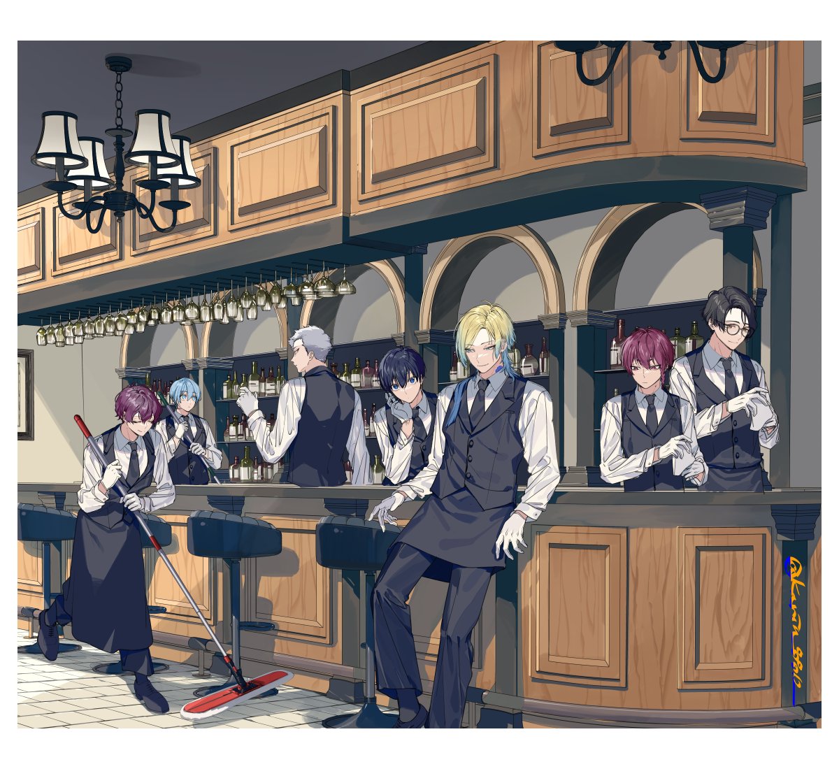 multiple boys purple hair blonde hair blue hair black apron black vest black hair  illustration images