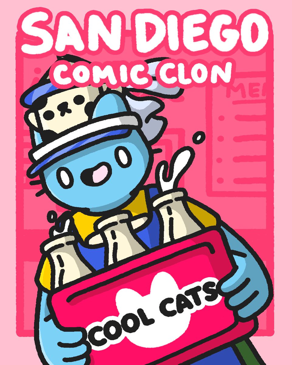 coolcats's tweet photo. Today is our final day at San Diego Comic Con 💙

Blue and Chugs will be at Booth 1707 until 5pm PST - see you at the Milk Bar! https://t.co/8prS6semmy