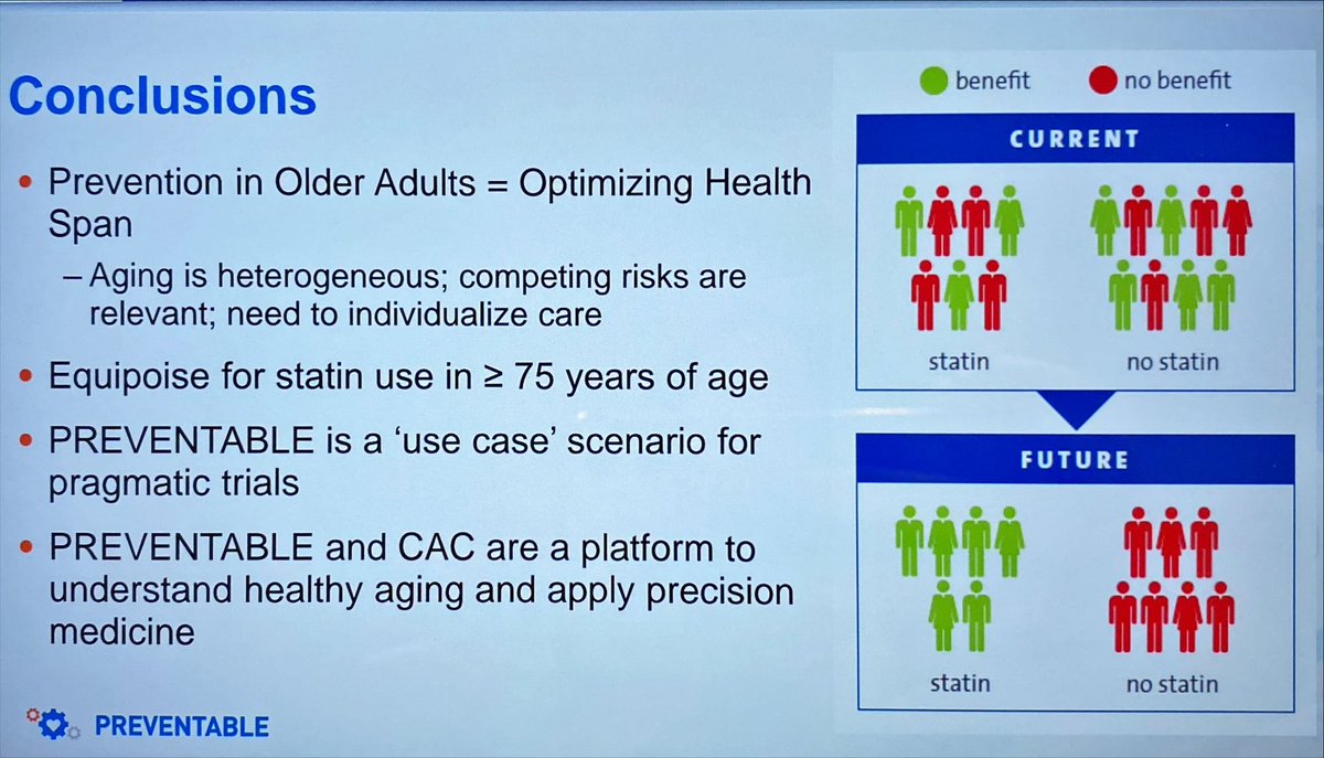 CAC-PREVENTABLE is an exciting ancillary trial exploring the utility of coronary artery calcification (CAC) as a predictor for benefit of statin 💊 therapy in PREVENTABLE.

👏 Great talk by Dr. Melissa Daubert 👏