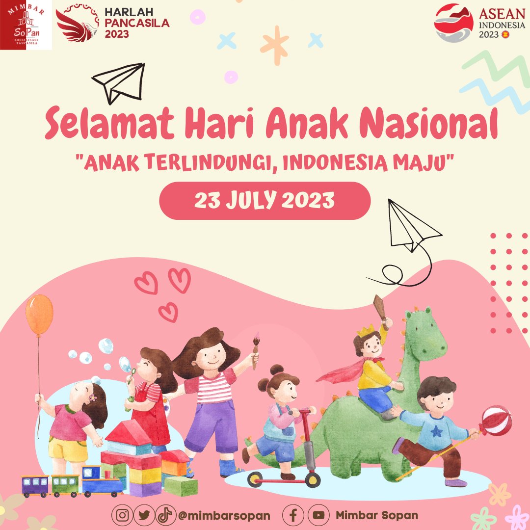 Masa depan bangsa berada di tangan anak. Yuk, tanamkan nilai-nilai luhur Pancasila dalam tindakan.
Selamat Hari Anak Nasional 2023. "Anak terlindungi, Indonesia Maju"
Semoga anak Indonesia menjadi generasi terbaik penerus cita-cita kemerdekaan.
#BPIPRI 
#HariAnakNasional