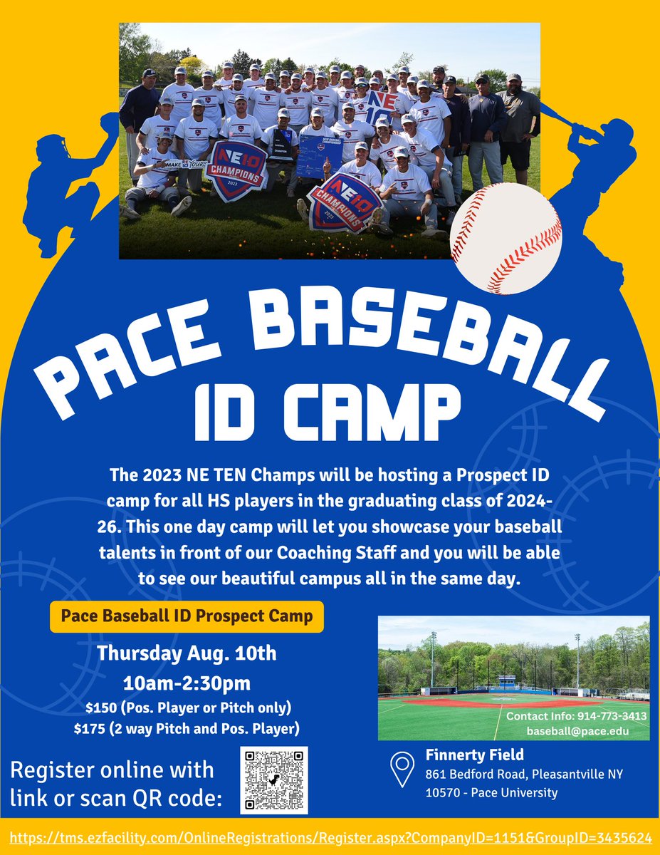 PaceUBaseball's tweet photo. The 2023 NE 10 Champs will be hosting Summer Prospect camp on Thursday Aug 10th. https://t.co/kAvgXWZCRX https://t.co/XUrWS6U43i