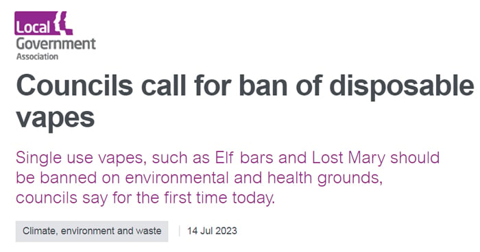 The LGA (Local Government Association) @lgacomms have published a call for disposable vapes to be banned. 

Also see the responses from UKVIA @vaping_industry , <a href="/TheIBVTA/">IBVTA</a> and @ashorguk  👉   bit.ly/3OqibOZ

#THR #UKVIA #ASHUK #LGA #DisposableVape #Vape #Vaping #Ecigclick