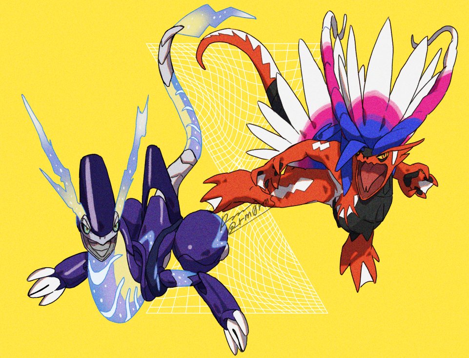 pokemon (creature) no humans claws tongue open mouth yellow background signature  illustration images
