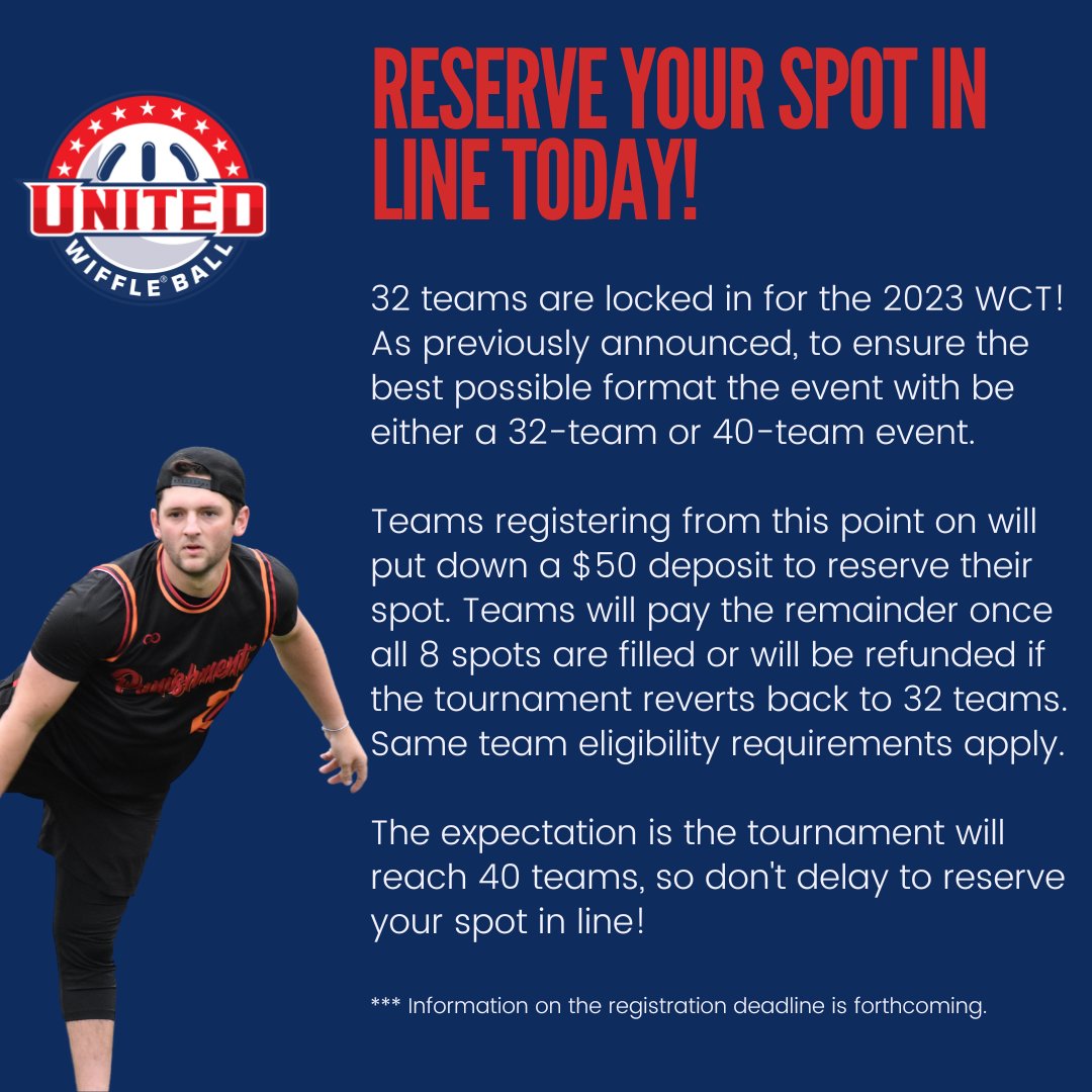 In less than 48 hours, these 3 teams have already reserved a potential spot at the 2023 WCT. That leaves just a handful of spots to go!

Help these teams &amp; yours move closer to a guaranteed spot in the tournament by registering your eligible team today!

shorturl.at/enGNY