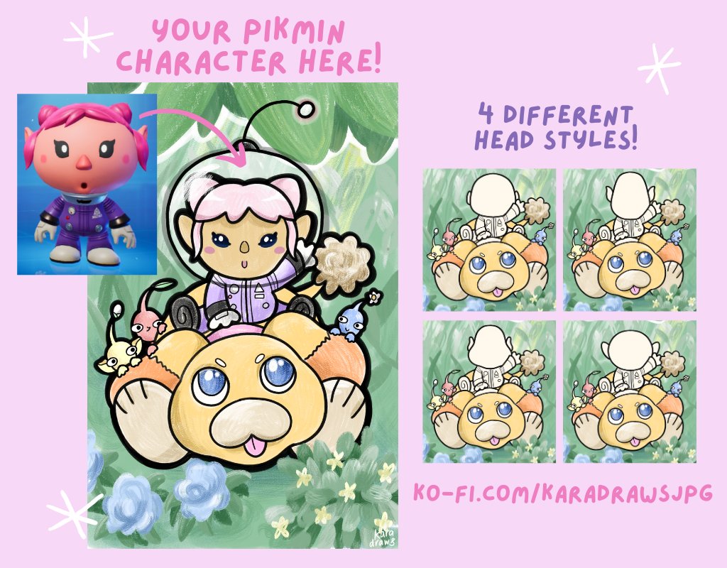 sakaradraws's tweet photo. 🌸 Pikmin YCH Drawings 🌸 A whimsical drawing featuring your Pikmin character! A version with a plain background will also be included. 3 slots available now!  For more info, check out my Ko-fi page! https://t.co/KcVZFpSRjx