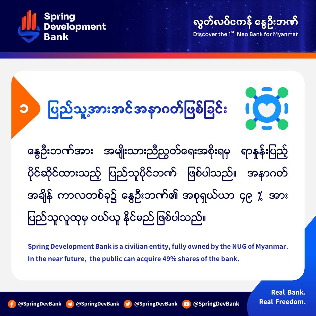 SpringDevBank's tweet photo. 1/2

Spring Development Bank places the well-being and interests of the people in Myanmar at the core of its operations. We pioneer as the first neo bank for Myanmar while incorporating cutting-edge technology and adhering to top-notch standards in the financial industry. https://t.co/n3fLRqSYc5