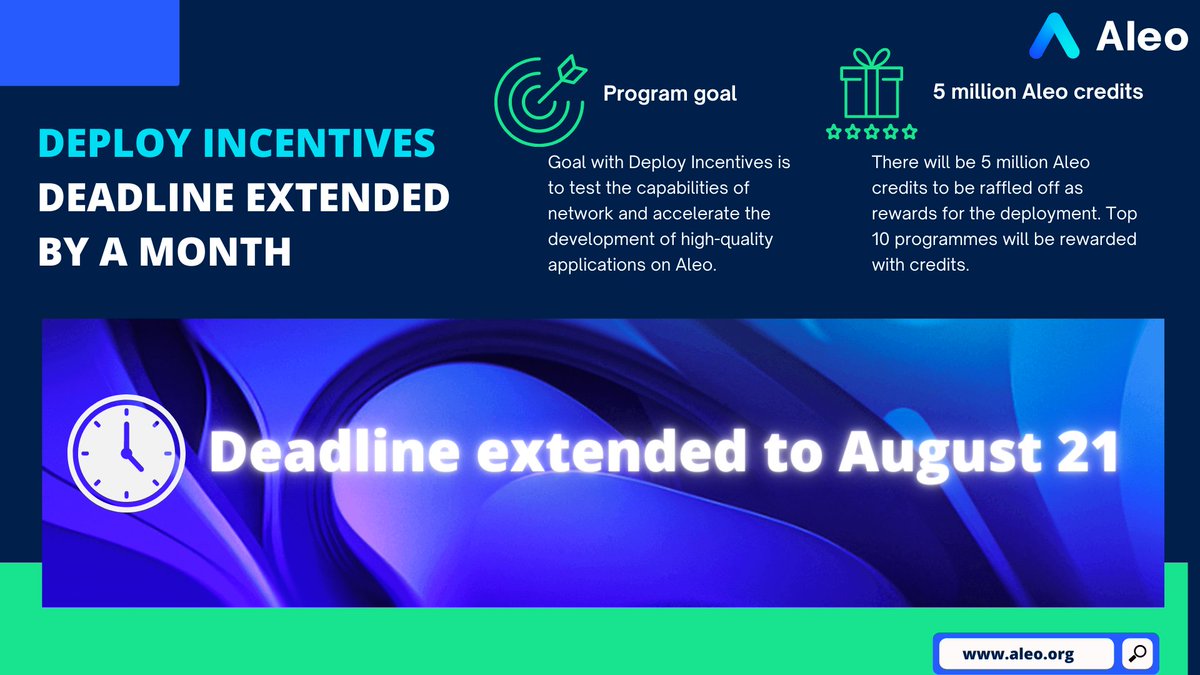 CryptoEvgenyi's tweet photo. Competition for 5 million Aleo credits officially extended for a month You have an extra month to apply to Deploy incentives 

@AleoHQ The goal of the Deploy program is to test the capabilities of the network and accelerate the development of quality applications on Aleo. https://t.co/YBebpyPluc