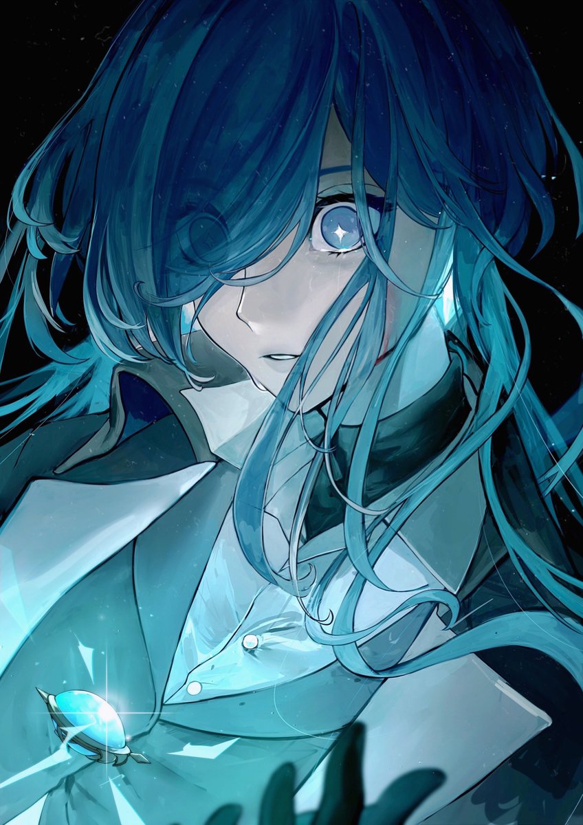 kaeya (genshin impact) male focus solo 1boy blue hair long hair gloves bangs  illustration images