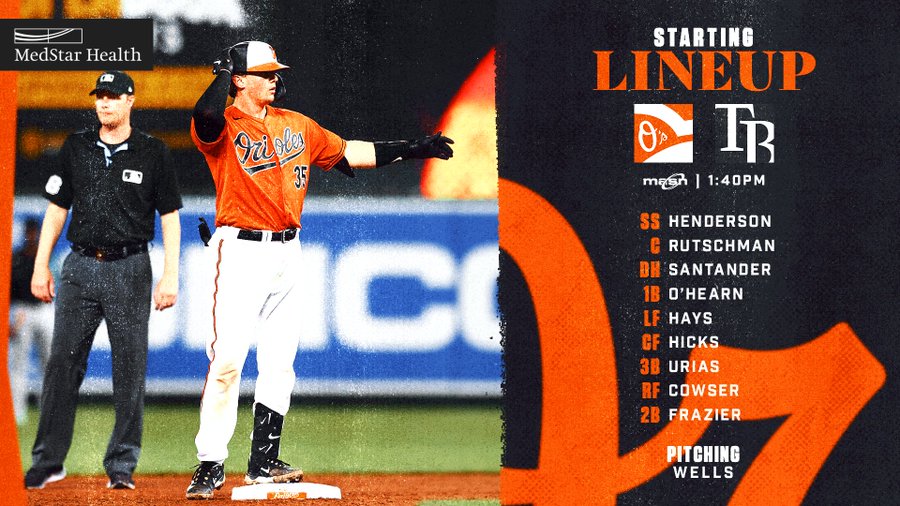 Orioles at Rays | O’s Starting Lineup | MASN | 1:40 p.m.

SS - Henderson
C - Rutschman
DH - Santander
1B - O’Hearn
LF - Hays
CF - Hicks
3B - Urías
RF - Cowser
2B - Frazier
P - Wells

The photo features Rutschman hitting the sprinkler on second base after hitting a double.