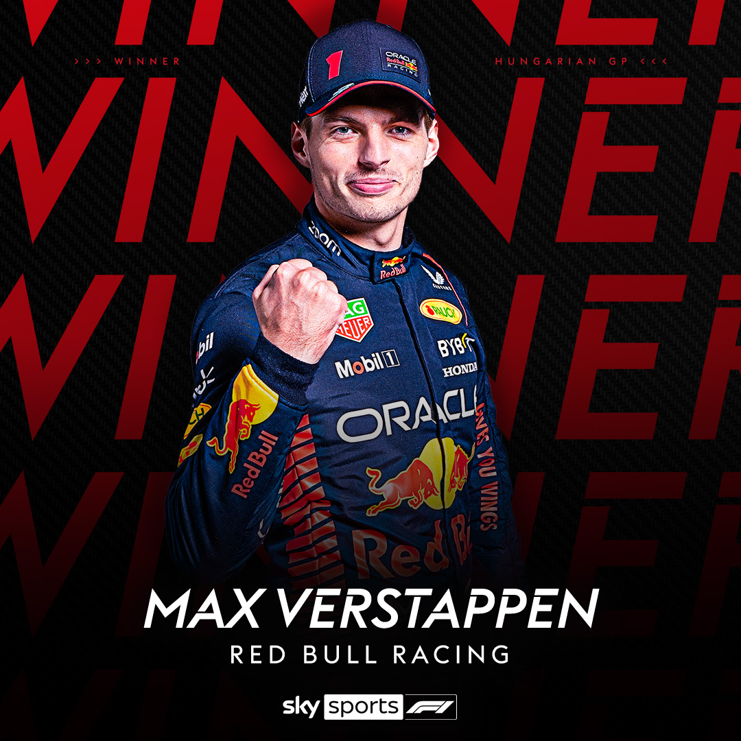 SkySportsF1's tweet photo. BREAKING! Max Verstappen wins the Hungarian Grand Prix! Seven consecutive F1 wins 🤯🇭🇺 https://t.co/GqofOQyT0C