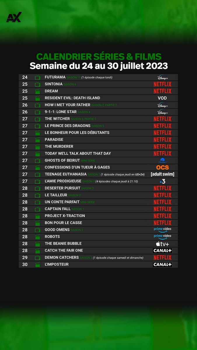 alxserix's tweet photo. 📅 Calendrier des séries et films de la semaine:
• #Futurama S11
• #Sintonia S4
• #HowIMetYourFather S2P2
• #911LoneStar S4
• #TheWitcher S3P2
• #GhostsOfBeirut S1
• #DeserterPursuit S2
• #LeTailleur S2
• #GoodOmens S2
• #Robots
• #TheBeanieBubble
#Series #Films #TV https://t.co/WzBiacHBXK