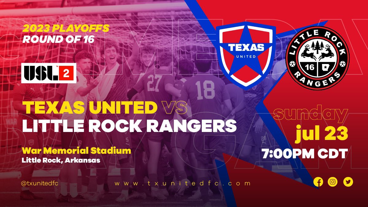 🚨PLAYOFF MATCHDAY #2🚨

⭐️It’s a mid-south division matchup in  the round of 16 between Texas United and Little Rock Rangers!

⭐️Stayed tuned for all the latest updates from War Memorial Stadium!

#vamostexasunited