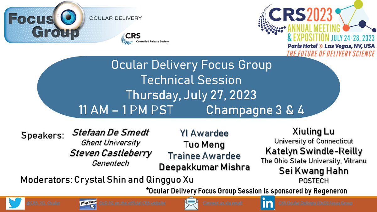 CRS Focus Group - Ocular Delivery (@crs_fg_ocular) on Twitter photo Check out the #ocular #drugdelivery speakers at #CRS2023 <a href="/DesmedtSmedt/">stefaan de smedt</a> <a href="/emmameng11/">Emma (Tuo) Meng</a> <a href="/Deepakk_mishra/">Deepak Mishra</a> <a href="/SwindleReilly/">Swindle-Reilly</a> <a href="/ShinCrystalized/">Crystal Shin</a> <a href="/QingguoXu/">Qingguo Xu, D.Phil.</a> Check out the #ocular #drugdelivery speakers at #CRS2023 <a href="/DesmedtSmedt/">stefaan de smedt</a> <a href="/emmameng11/">Emma (Tuo) Meng</a> <a href="/Deepakk_mishra/">Deepak Mishra</a> <a href="/SwindleReilly/">Swindle-Reilly</a> <a href="/ShinCrystalized/">Crystal Shin</a> <a href="/QingguoXu/">Qingguo Xu, D.Phil.</a>